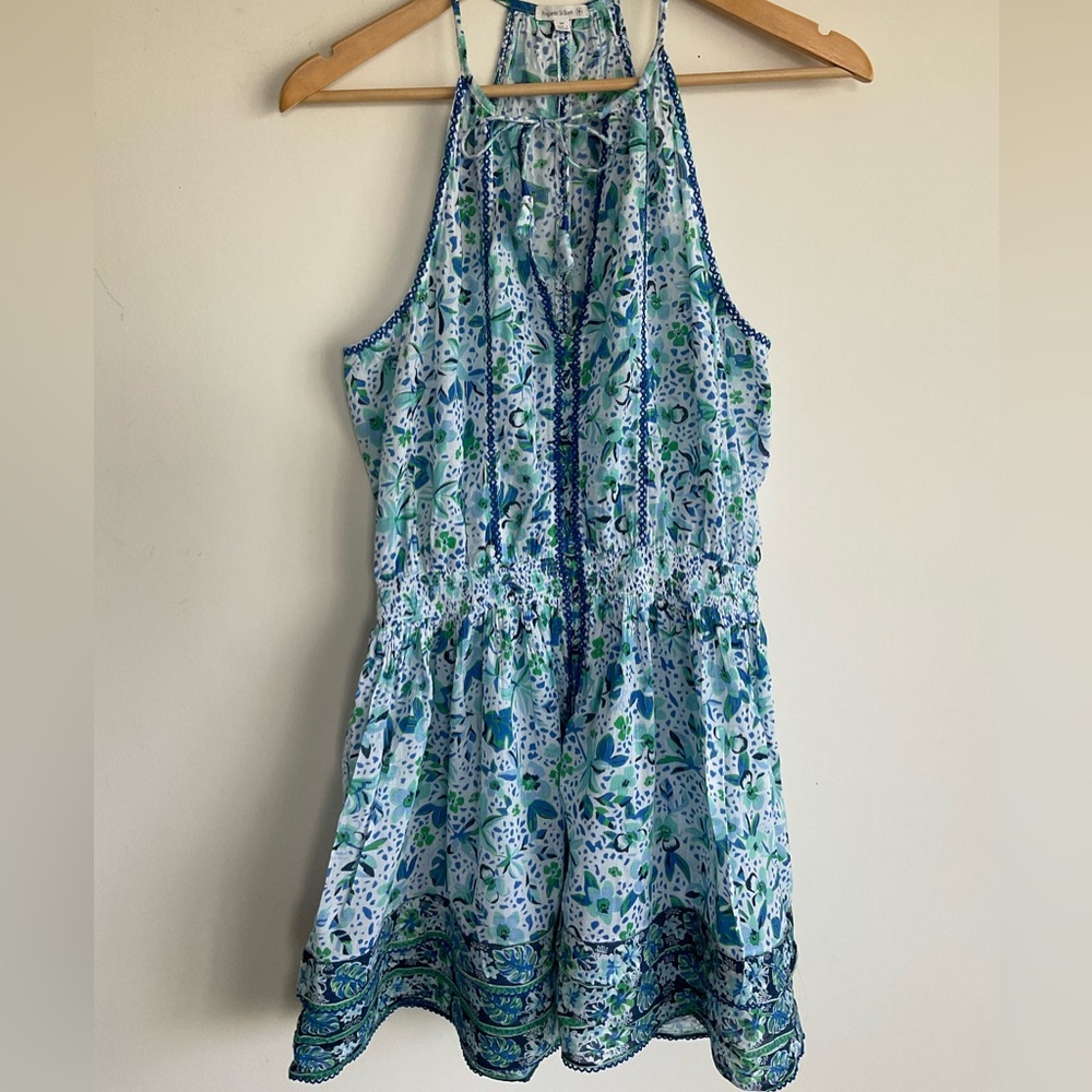 Poupette St Barth Carine Mini Dress Blue Floral Ruffle Tassel Preppy Beach Vacay